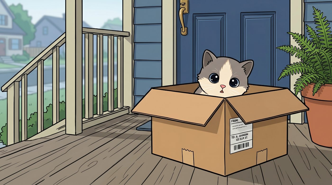 A box appears on the porch